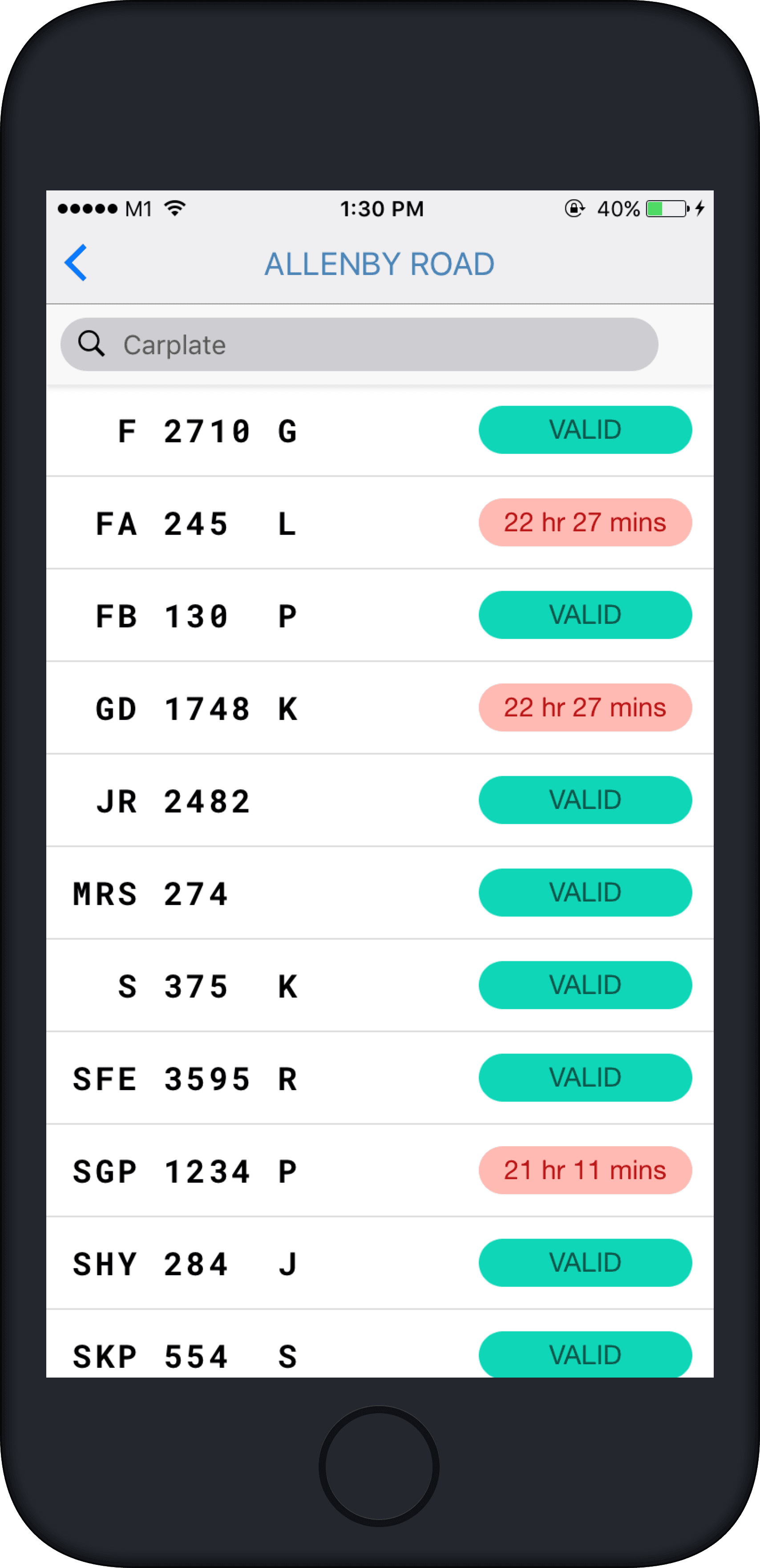 Early enforcer app list down all the cars in a car park and is made searchable