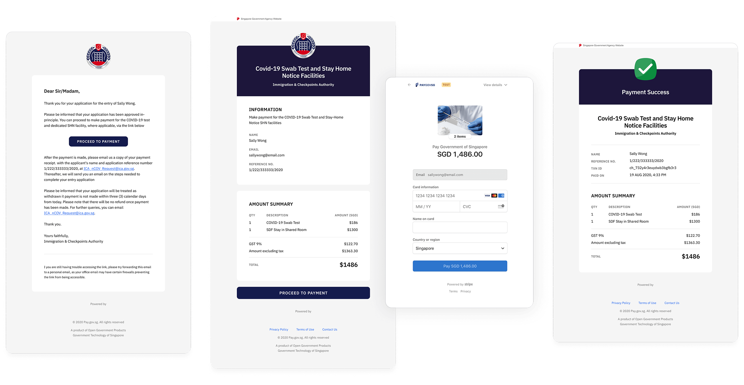 The flow focuses on the end to end payer's experience from email, payment link to receipt